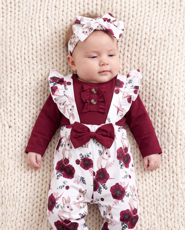 Baby Girl 3pcs Sweet Solid Romper and Floral Print Ruffled Overalls with Headband Set Burgundy