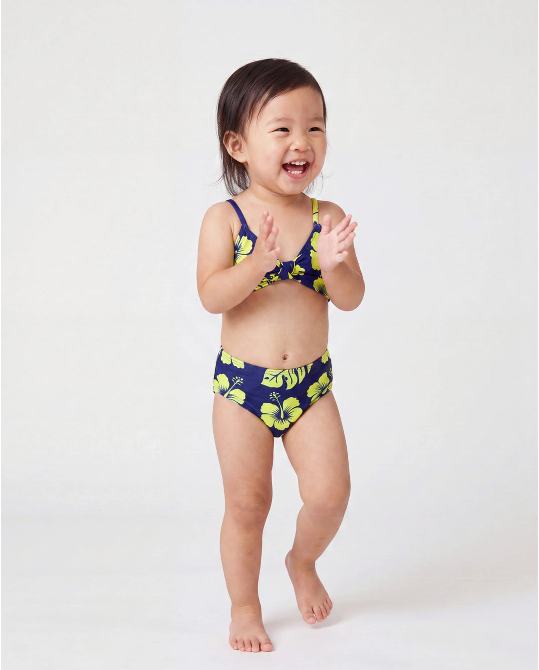 Bañadores tropicales con flores para niña pequeña Bikini halter azul profundo