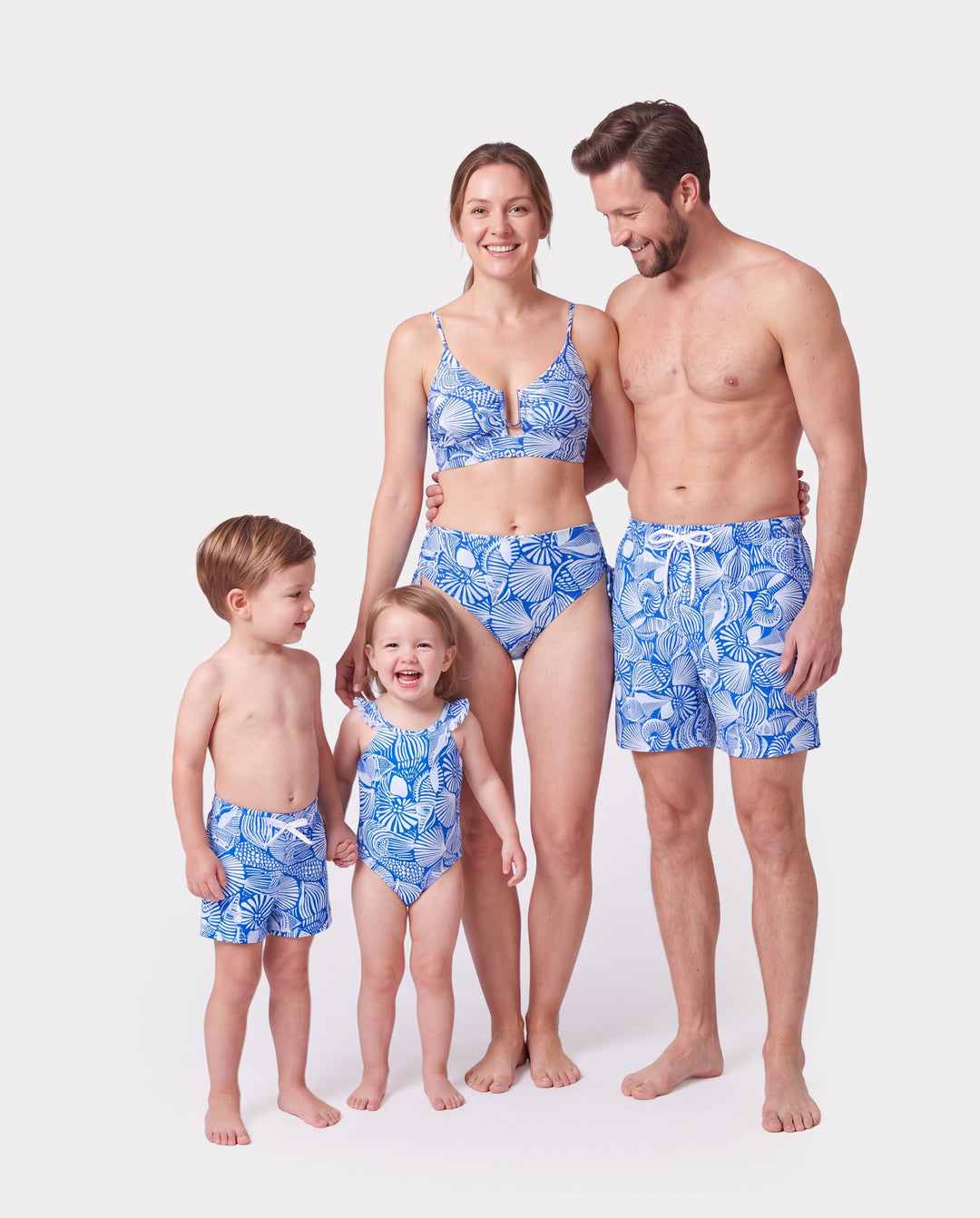 Matching Family Shell Print Swimwear Floral two-piece Bikini & Swim Shorts Set for Mom, Dad, & Kids, Perfect for Beach Days & Pool Parties Blue