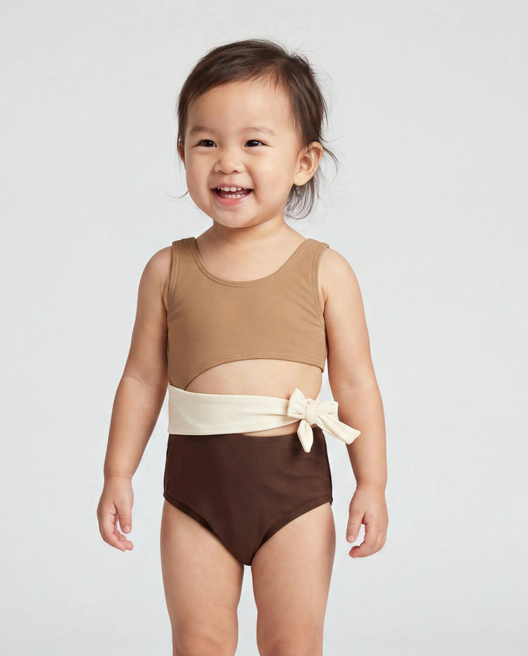 Maillots de bain bicolores pour fillettes, maillots de bain pour vacances d'été à la plage Café