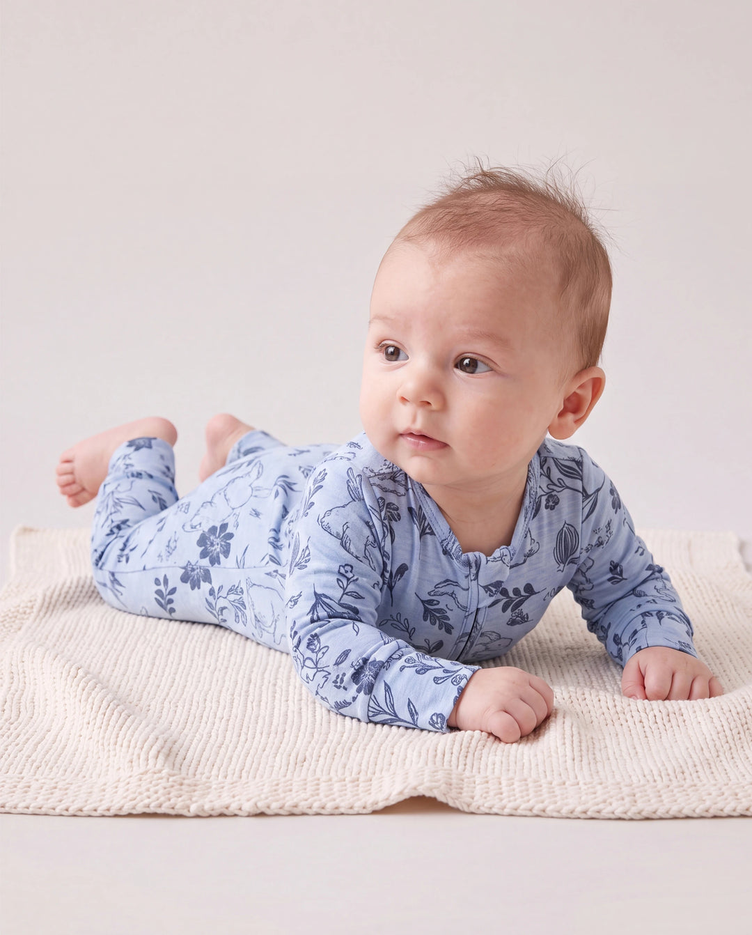 Baby Jungen/Mädchen Plant Print Eng anliegender Wollpyjama mit Reißverschluss hellblau