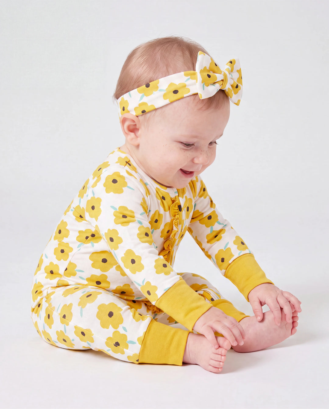 Bamboo Baby Boy/Girl Animal Printed 2-Way Zipper Anti Slip Long-sleeve Footie with/without Hairband Yellow
