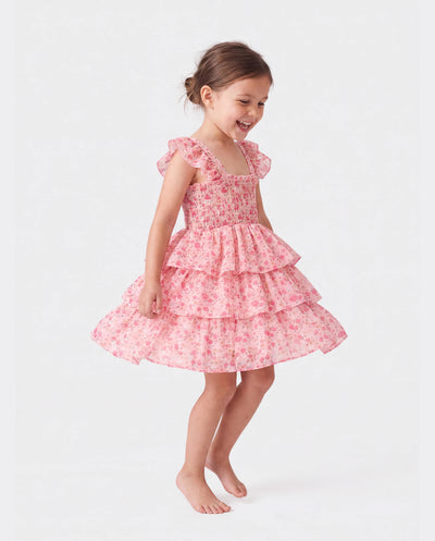 Kleinkind Mädchen süßes gesmoktes ärmelloses Kleid mit Blumendruck rosa