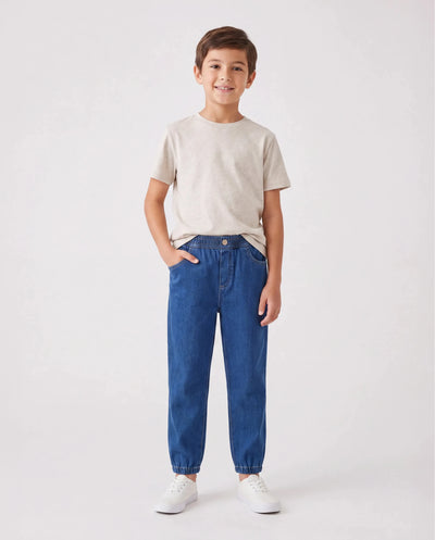 Pantalones vaqueros para niños con cintura elástica, suaves, elásticos y cómodos, para uso diario, con bolsillos, color azul oscuro
