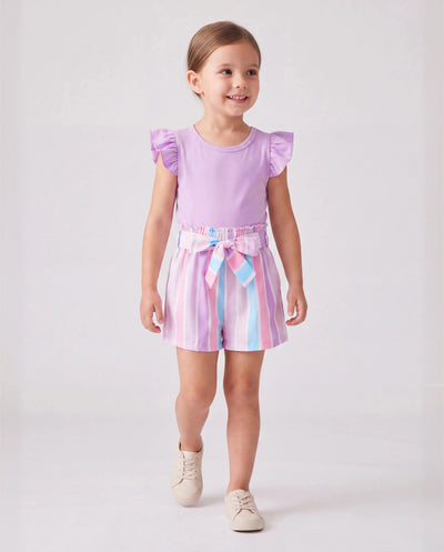 2pcs Kleinkind Mädchen Süße Flutter-Ärmel T-Shirt und Streifen Gürtel Shorts Set helles lila