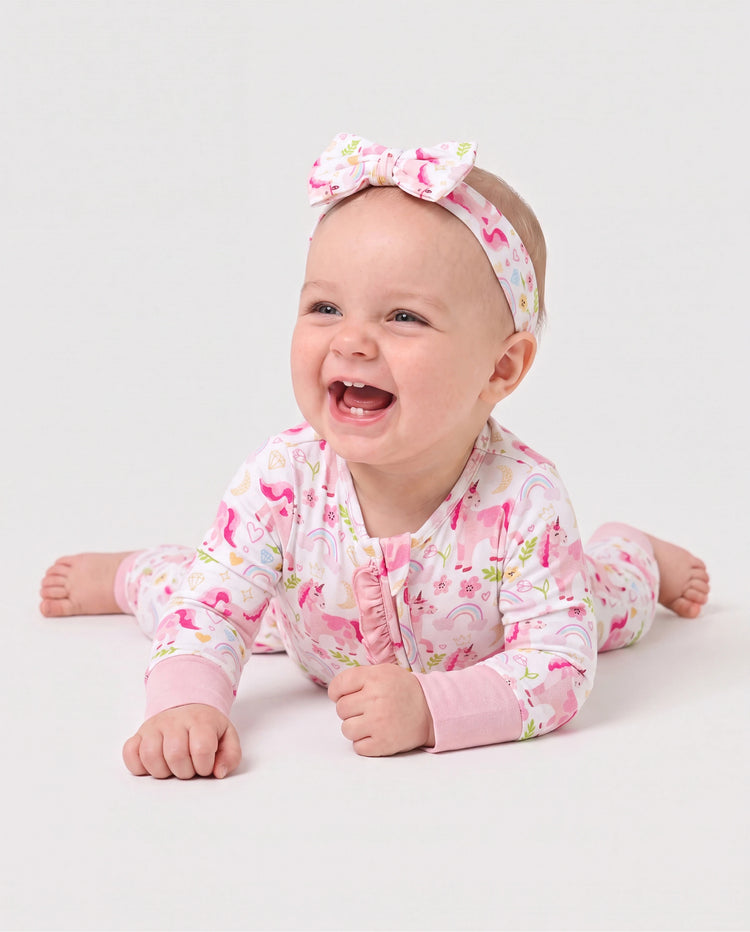 Bamboo Baby Boy/Girl Animal Printed 2-Way Zipper Anti Slip Long-sleeve Footie with/without Hairband Pink