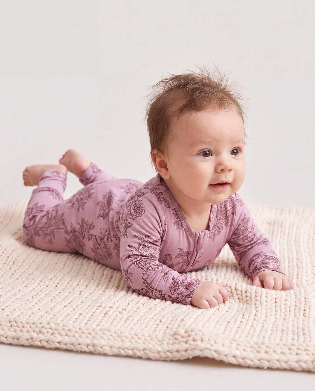 Pyjama bébé garçon/fille en laine à imprimé végétal, fermeture éclair, coupe ajustée, rose