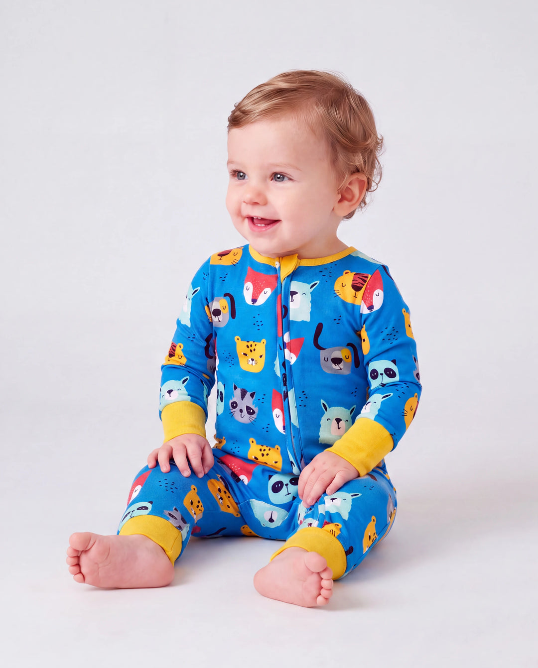 Lot de 2 grenouillères en bambou pour bébé garçon/fille à manches longues avec fermeture éclair 2 voies et pieds antidérapants imprimé animaux ou plantes naturel Jaune