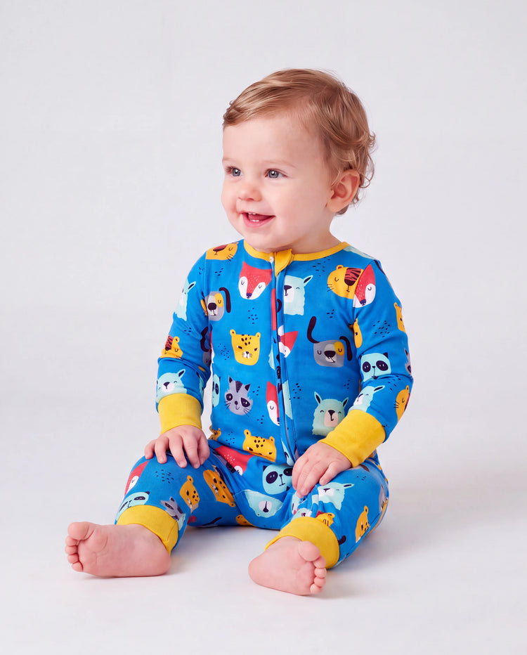 Lot de 2 grenouillères en bambou pour bébé garçon/fille à manches longues avec fermeture éclair 2 voies et pieds antidérapants imprimé animaux ou plantes naturel Jaune