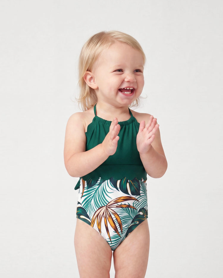 Maillot de bain une pièce à bretelles spaghetti avec imprimé plantes pour fille tout-petit Vert foncé