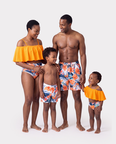Maillots de bain assortis famille ensemble bikini floral tropical avec haut à volants pour maman et fille, shorts de bain pour papa et fils, tenues d'été éclatantes Orange