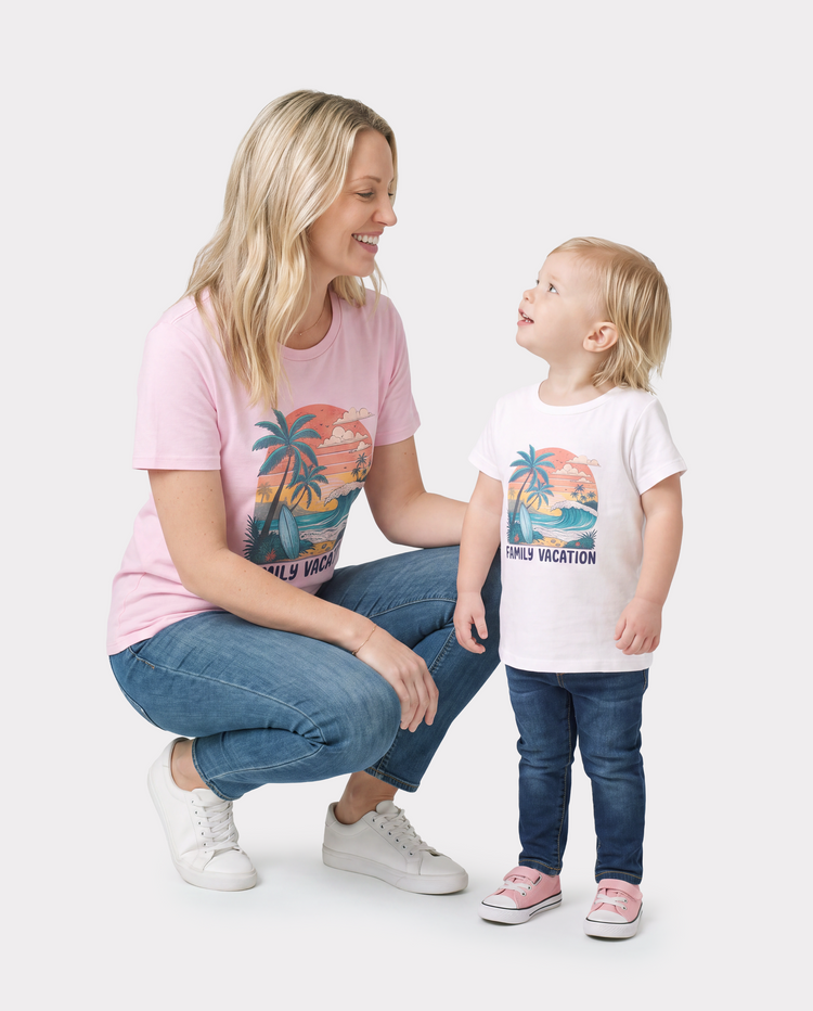 T-shirts en coton assortis maman et moi "Vacances en famille" T-shirt à imprimé surf tropical Multicolore