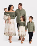 Conjuntos familiares a juego: Camisa verde de manga larga o vestido de tul bordado con hombros descubiertos y canalé verde