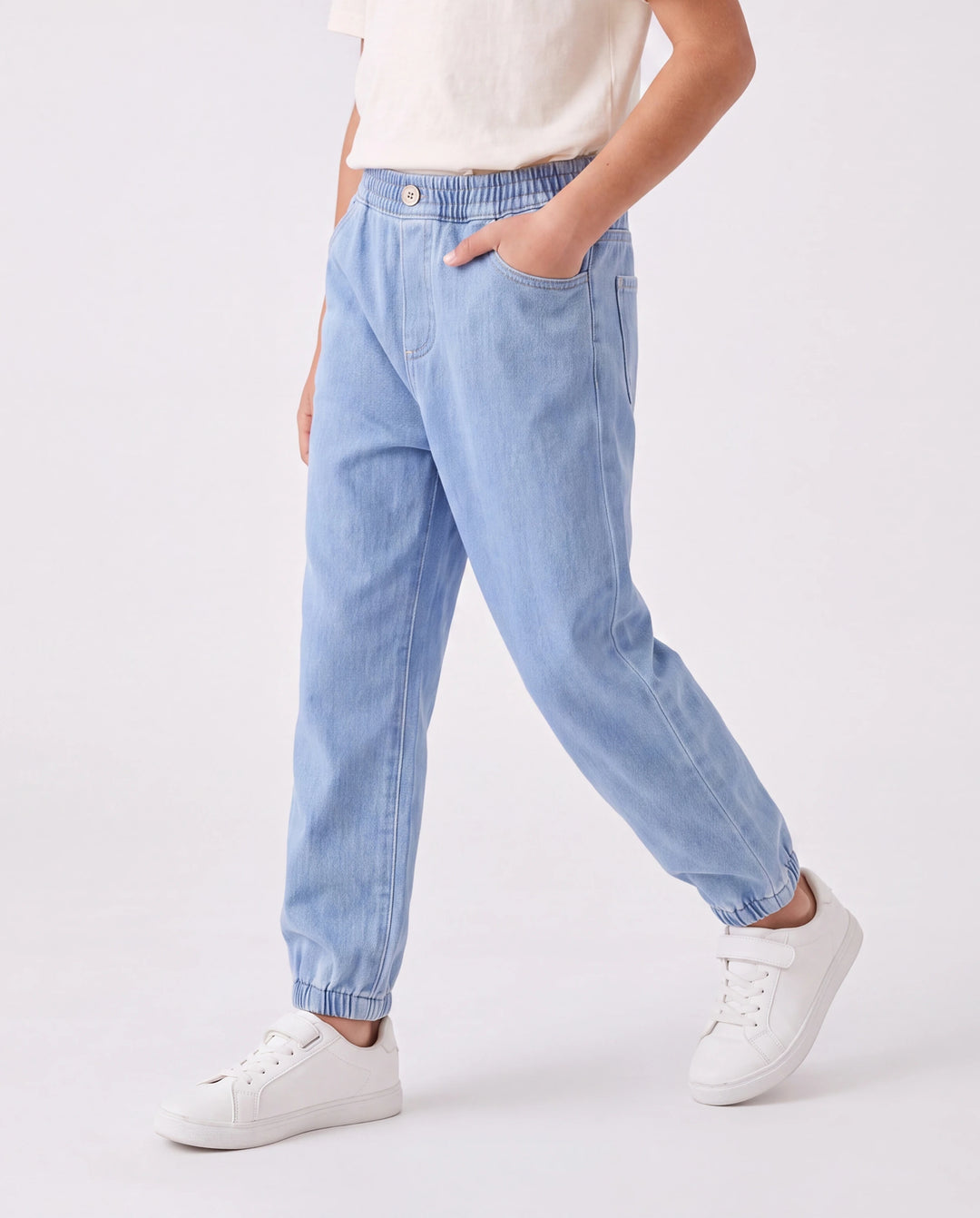 Kids Elastic Waist Denim Pants Soft Stretch Comfortable Everyday Jeans with Pockets Light Blue