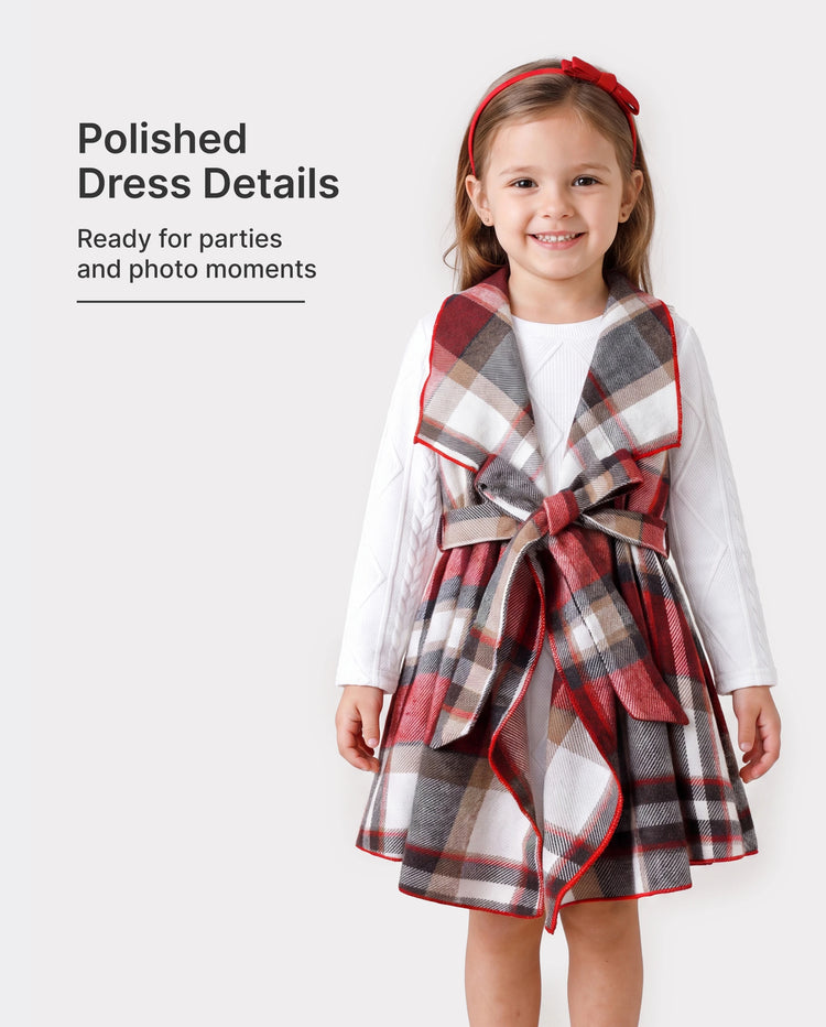 3PCS Toddler Girl Asymmetrical Hemline Classic Grid Dress Set Red