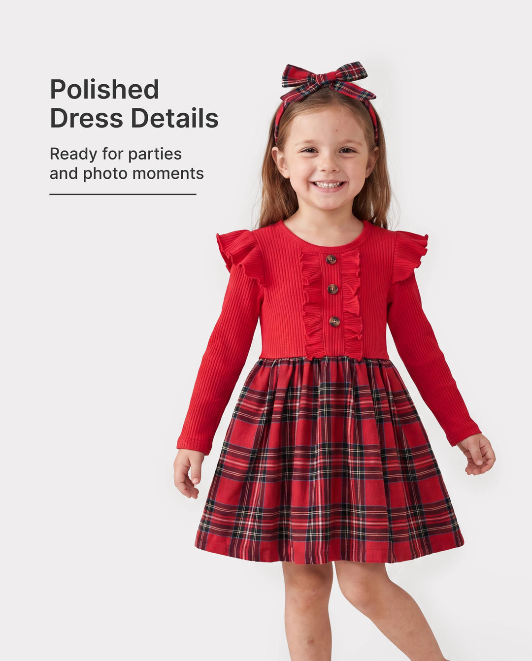 Christmas Toddler Girl Grid Print Ruffled Dress with Headband Red