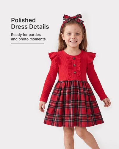 Christmas Toddler Girl Grid Print Ruffled Dress with Headband Red