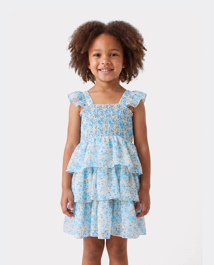 Vestido azul sin mangas con volantes y estampado floral para niña pequeña