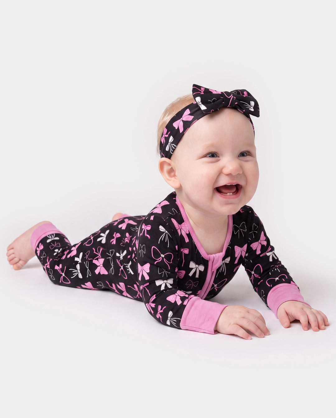 Bamboo Baby Girl Elegant Printed 2-Way Zip Onesies Anti Slip Long-sleeve Footie with Hairband Pink purple
