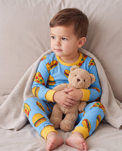 Pijama de Halloween con estampado infantil, 2 piezas, ajuste ceñido, de algodón orgánico, para niños pequeños, niñas y niños, color azul claro.