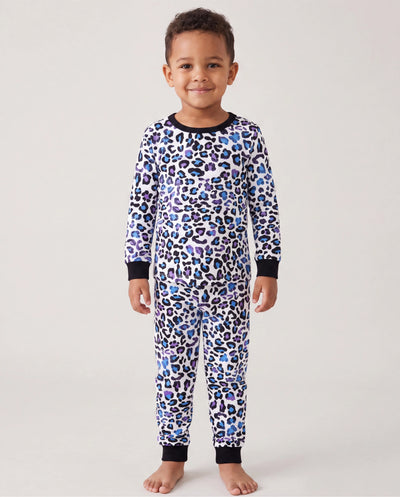 Pijama de algodón orgánico de 2 piezas para niños pequeños con estampado infantil, ajuste ceñido, color negro
