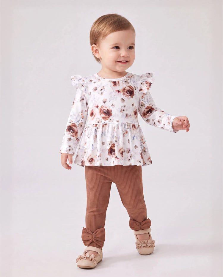 Conjunto de 2 piezas de ropa para bebé niña con mangas abullonadas y flores grandes
 Marrón