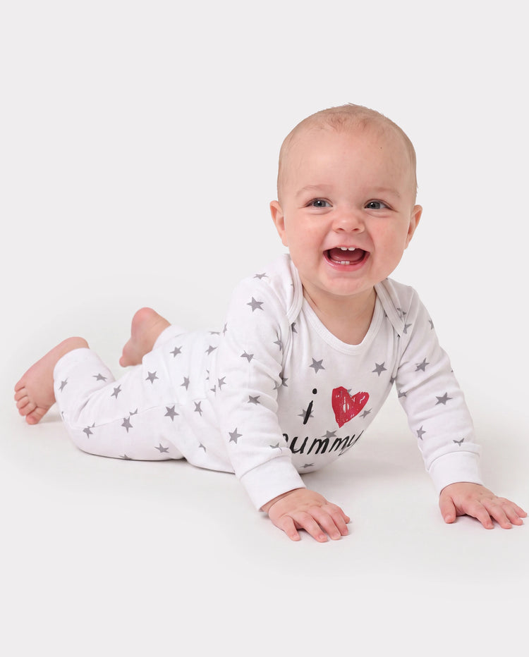 Mono para bebé niño/niña, 95 % algodón, manga larga, estampado de letras, corazones, estrellas y rayas, color blanco