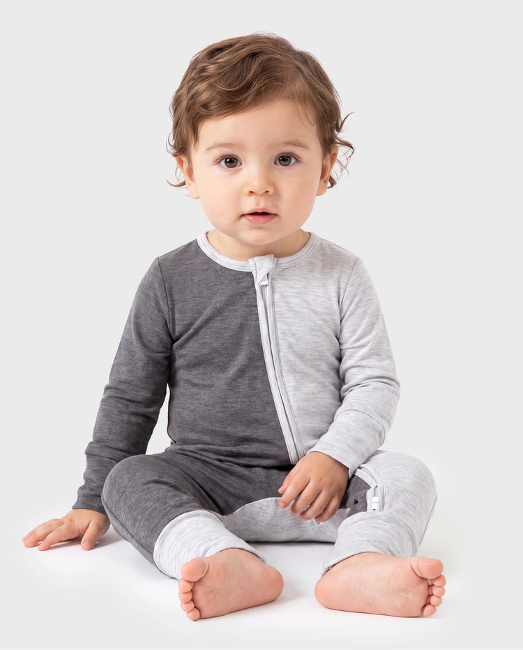 Bambus Baby Junge / Mädchen Farbblock 2-Wege-Reißverschluss Strampler Anti-Rutsch Langarm Strampler grau