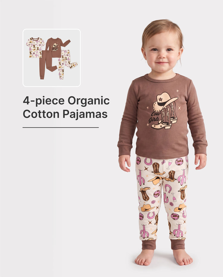 Toddler / Kids 4-piece Organic Cotton Pajamas 4-in 1 Snug fit PaJama Set for Girls Brown