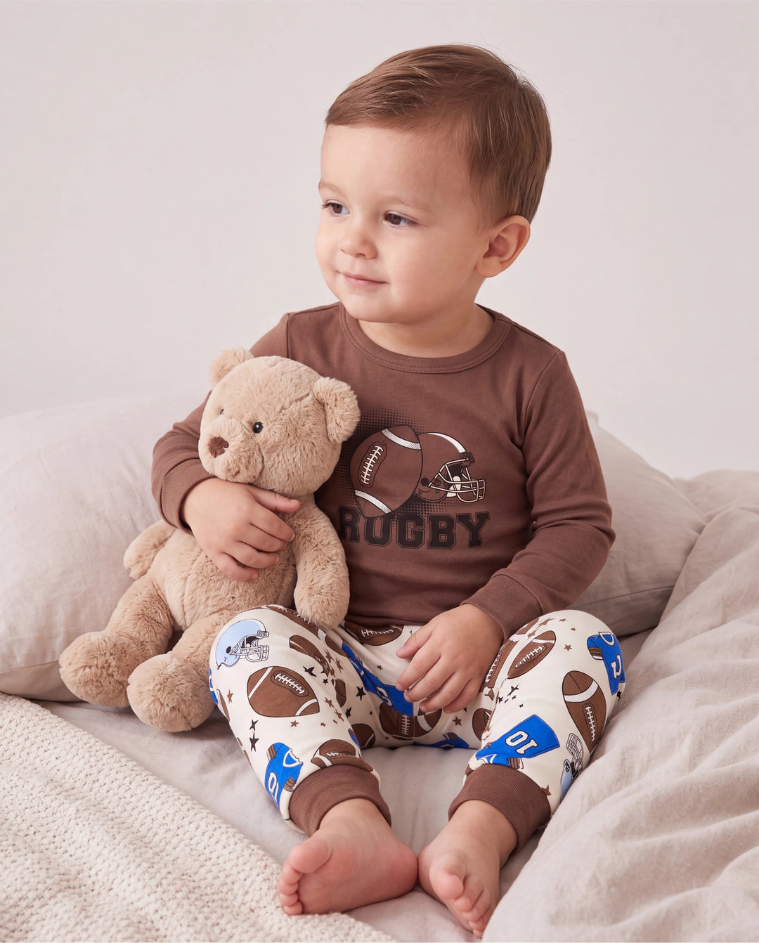 Toddler / Kids 4-piece Organic Cotton Pajamas 4-in 1 PJ Snug fit Pjs for Girls / Boys Brown