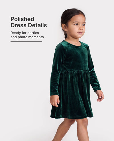 Conjunto de vestido de terciopelo de color liso para niña pequeña dulce de Navidad verde