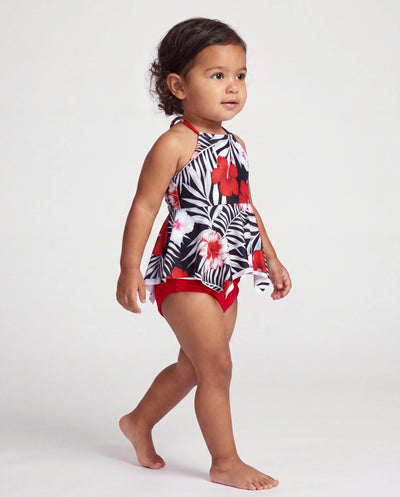 Maillot de bain deux pièces à fleurs tropicales avec col halter pour fillettes, noir