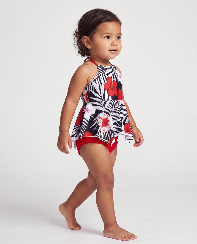 Bañador de dos piezas halter con flores tropicales para niña pequeña Negro