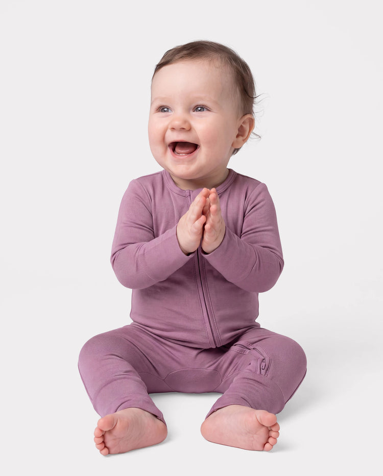 Footie de bambú para bebé niño/niña con estampado de animales, cremallera bidireccional, morado