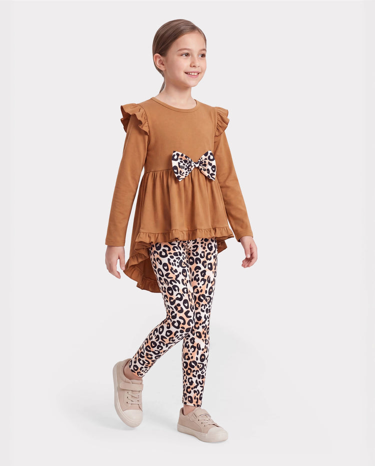 2-piece Kid Girl Bowknot Ruffled Long-sleeves Tee and Flower Allover Print Pants Brown