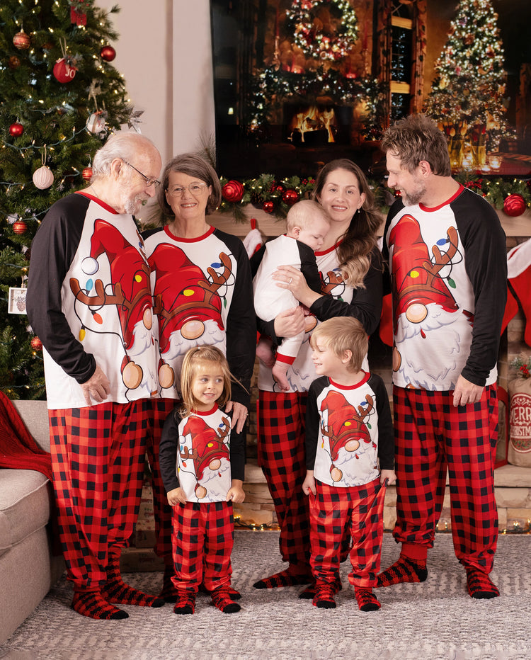 Pijama familiar navideño a juego con estampado de Papá Noel, mangas raglán y calcetines navideños (certificado SGS) en rojo