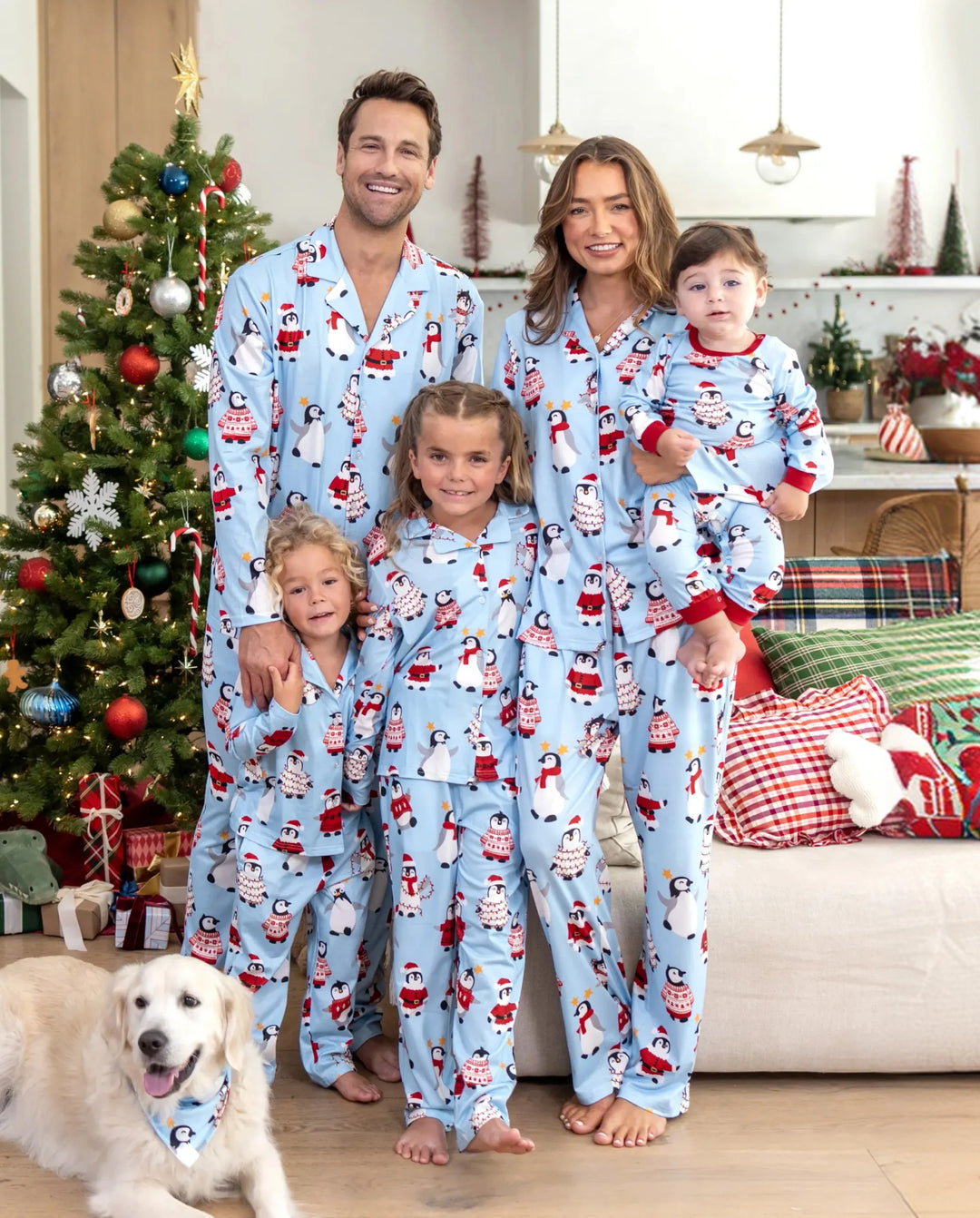 Christmas Matching Family Pajamas Penguin Print Blue