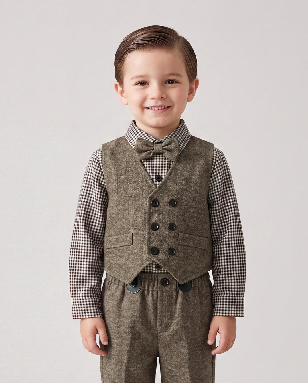 3PCS Baby Boy Elegant Grid/Houndstooth Shirt Collar Long Sleeve Set Brown