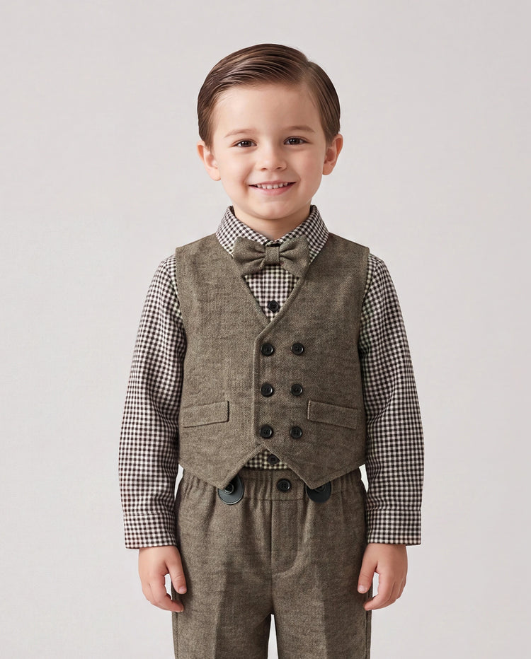 3PCS Baby Boy Elegant Grid/Houndstooth Shirt Collar Long Sleeve Set Brown