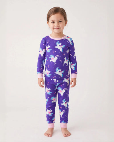 Pijama de algodón orgánico de 2 piezas para niños pequeños con estampado infantil, ajuste ceñido, morado