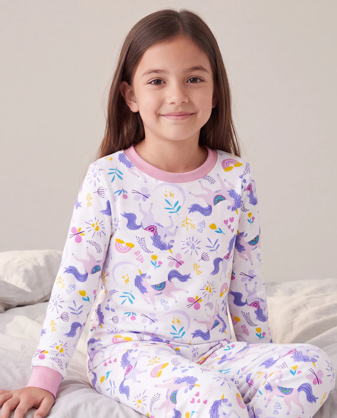 Pyjama de Noël/Halloween 2 pièces en bambou épais de qualité supérieure avec imprimé enfantin pour petite fille (coupe ajustée) rose