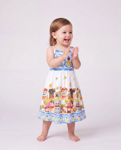 Kleinkind-/Kinder-Mädchen Urlaubskleid mit tropischem Ananas-Kokospalmen-Muster, ausgeschnittenem Trägerkleid für Sommerurlaub Weiß