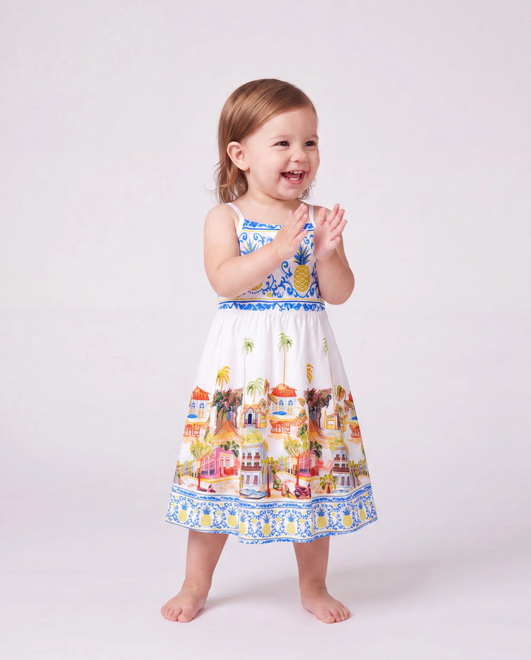 Toddler/Kid Girl Vacation Tropical Pineapple Coconut Tree Print Hollow out Strap Dress for Summer Vacation  White