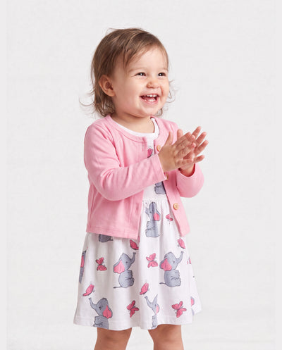 Ensemble 2 pièces pour bébé fille avec cardigan rose et robe à imprimé éléphant