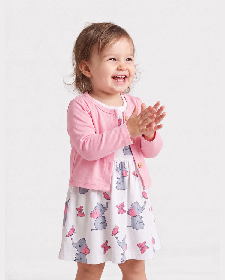 Ensemble 2 pièces pour bébé fille avec cardigan rose et robe à imprimé éléphant