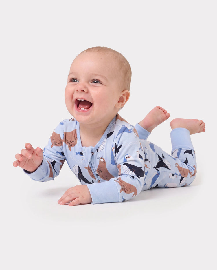 Body en Bambou Bébé Garçon/Fille Imprimé Animal à Fermeture Éclair 2 Sens Antidérapant Manches Longues avec Pieds et Bandeau Bleu Royal