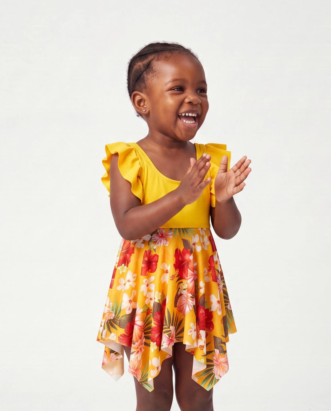 Vestido de baño floral con cordón, fruncido, malla combinada y parte inferior de triángulo para niña pequeña Amarillo