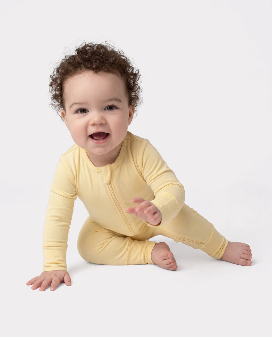 Grenouillères en bambou (lot de 2) pour bébé garçon/fille, fermeture éclair double sens, manches longues, antidérapantes, jaune pâle