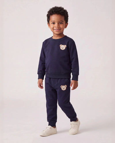 Conjunto de 2 piezas de sudadera y pantalón estilo oso para bebé/niña/niño, color azul oscuro
