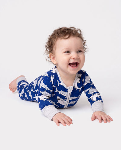 Bamboo Baby Boy/Girl Cartoon Printed 2-Way Zip Onesies Anti Slip Long-sleeve Footie Deep Blue